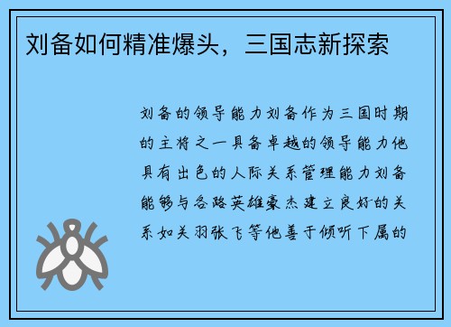 刘备如何精准爆头，三国志新探索