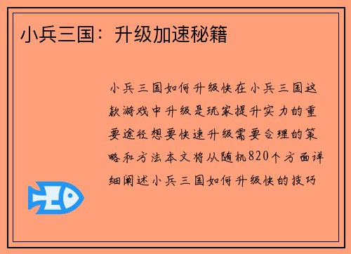 小兵三国：升级加速秘籍