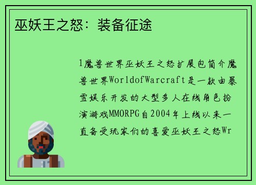 巫妖王之怒：装备征途